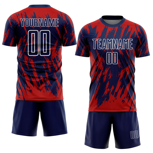 Custom Navy Red-White Splatter Torn Sharp Brush Stroke Sublimation Soccer Uniform Jersey