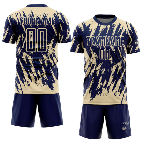 Custom Navy-Cream Splatter Torn Sharp Brush Stroke Sublimation Soccer Uniform Jersey