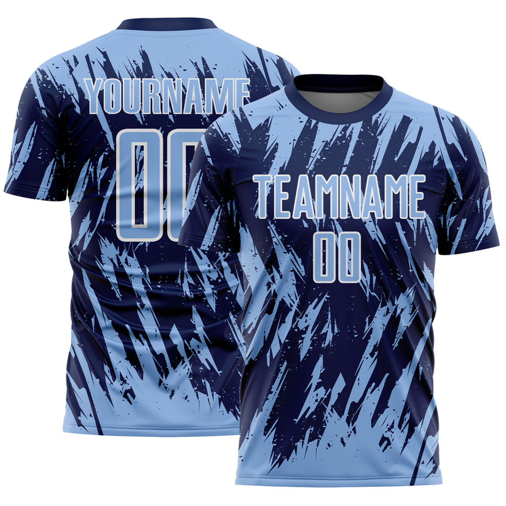 Custom Navy Light Blue-White Splatter Torn Sharp Brush Stroke Sublimation Soccer Uniform Jersey