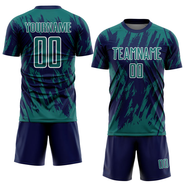 Custom Navy Teal-White Splatter Torn Sharp Brush Stroke Sublimation Soccer Uniform Jersey
