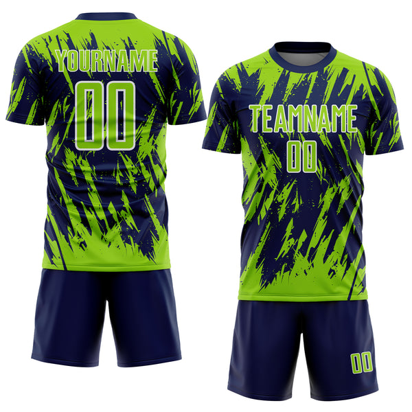 Custom Navy Neon Green-White Splatter Torn Sharp Brush Stroke Sublimation Soccer Uniform Jersey