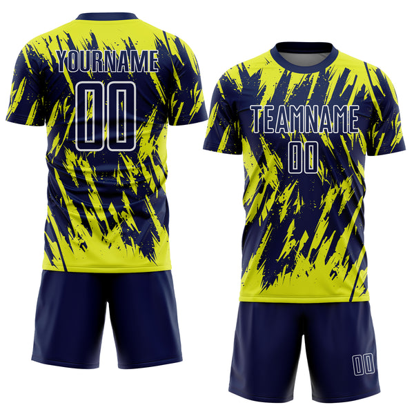 Custom Navy Neon Yellow-White Splatter Torn Sharp Brush Stroke Sublimation Soccer Uniform Jersey