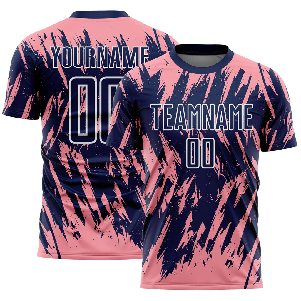 Custom Navy Medium Pink-White Splatter Torn Sharp Brush Stroke Sublimation Soccer Uniform Jersey