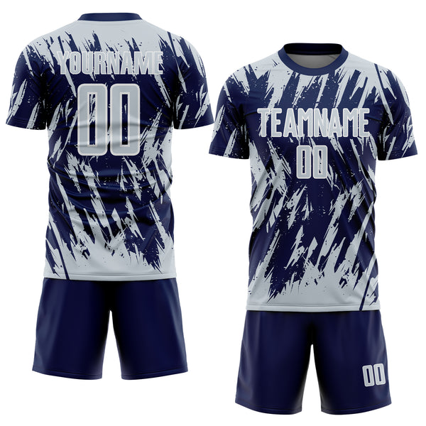 Custom Navy Silver-White Splatter Torn Sharp Brush Stroke Sublimation Soccer Uniform Jersey