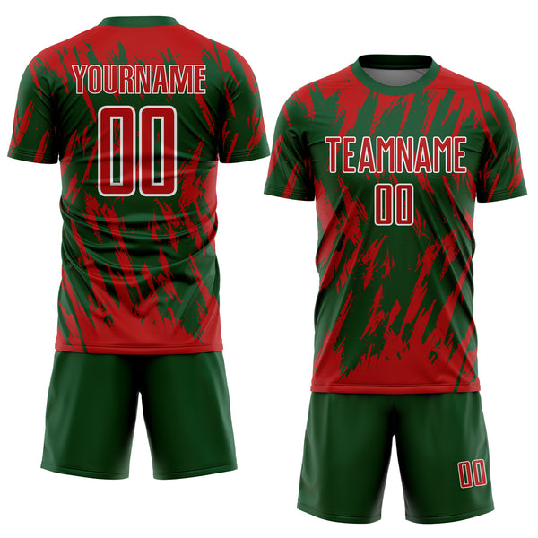 Custom Green Red-White Splatter Torn Sharp Brush Stroke Sublimation Soccer Uniform Jersey