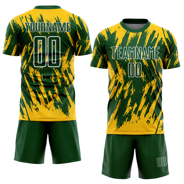 Custom Green Yellow-White Splatter Torn Sharp Brush Stroke Sublimation Soccer Uniform Jersey