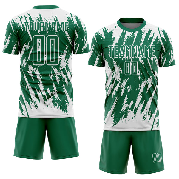 Custom Kelly Green-White Splatter Torn Sharp Brush Stroke Sublimation Soccer Uniform Jersey