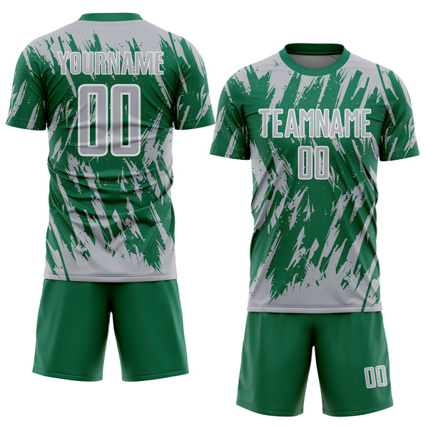 Custom Kelly Green Gray-White Splatter Torn Sharp Brush Stroke Sublimation Soccer Uniform Jersey