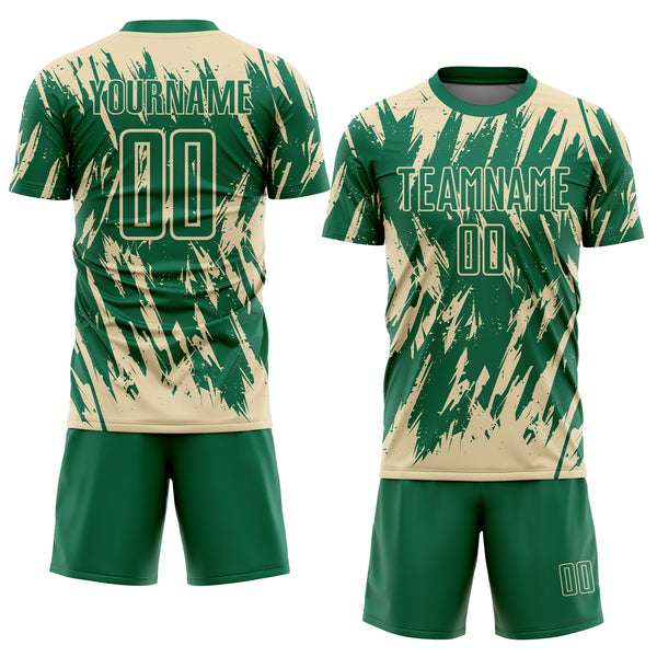 Custom Kelly Green-Cream Splatter Torn Sharp Brush Stroke Sublimation Soccer Uniform Jersey