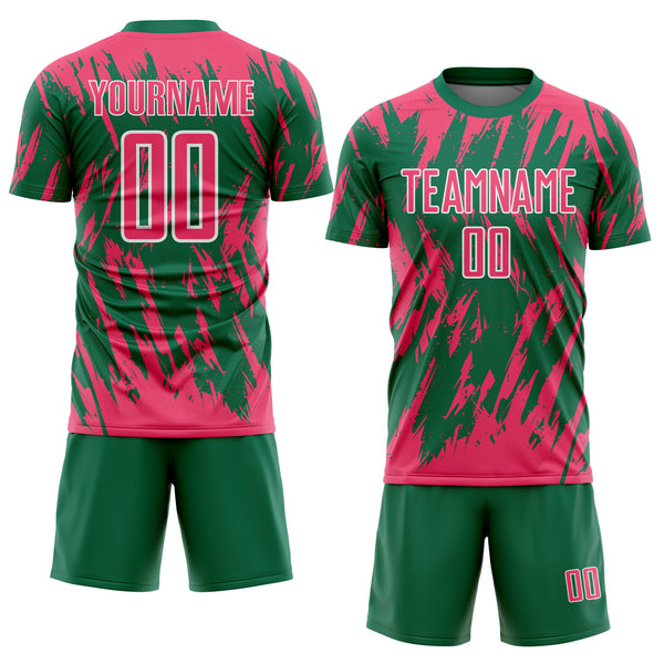 Custom Kelly Green Neon Pink-White Splatter Torn Sharp Brush Stroke Sublimation Soccer Uniform Jersey