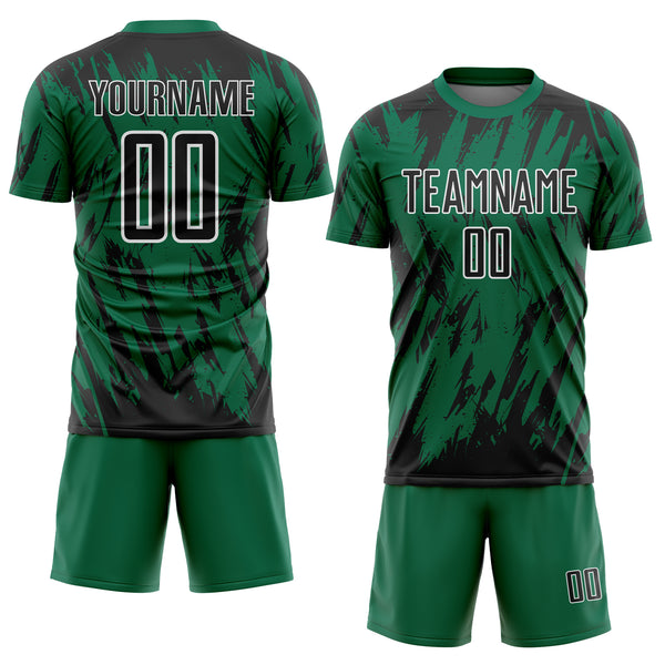 Custom Kelly Green Black-White Splatter Torn Sharp Brush Stroke Sublimation Soccer Uniform Jersey