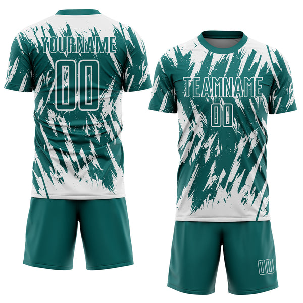 Custom Teal-White Splatter Torn Sharp Brush Stroke Sublimation Soccer Uniform Jersey