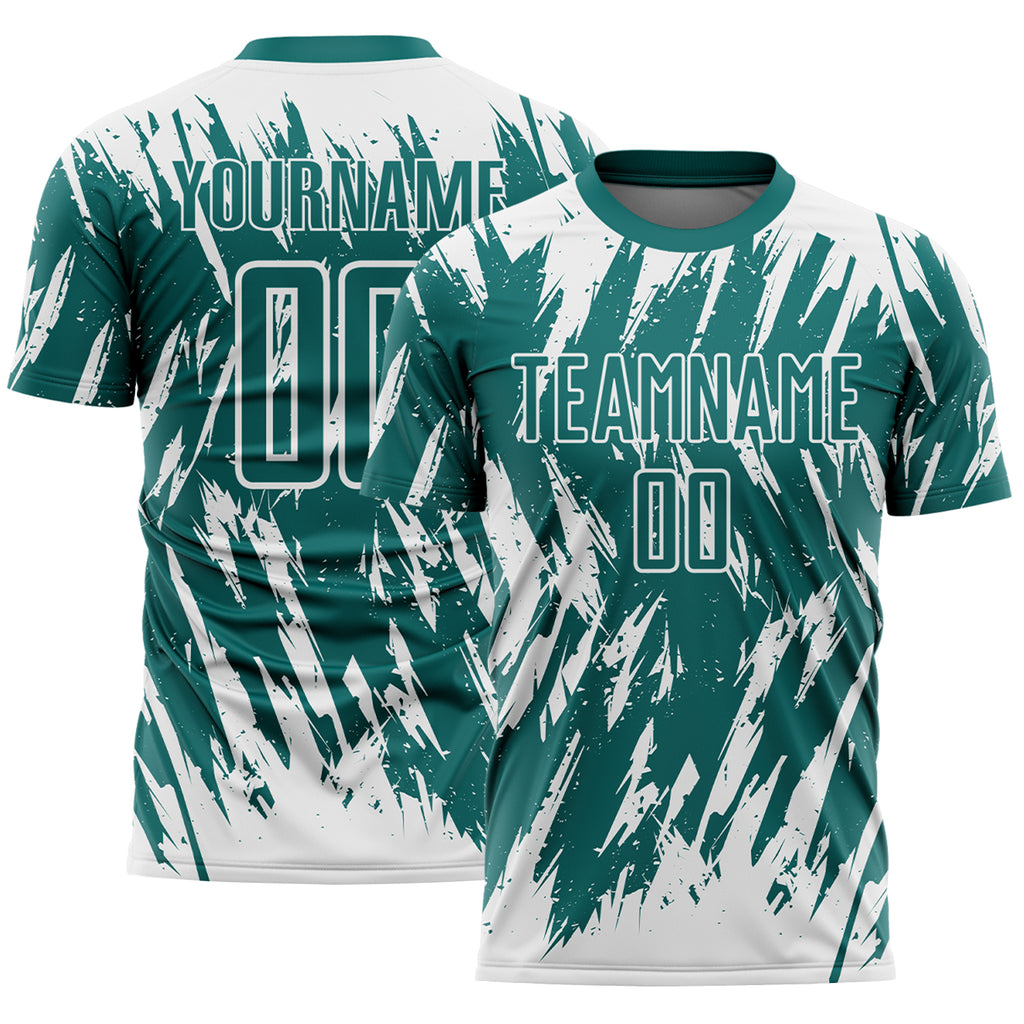 Custom Teal-White Splatter Torn Sharp Brush Stroke Sublimation Soccer Uniform Jersey