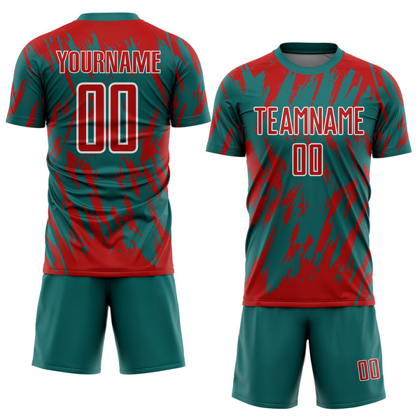 Custom Teal Red-White Splatter Torn Sharp Brush Stroke Sublimation Soccer Uniform Jersey