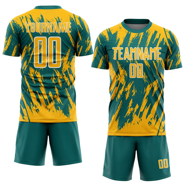 Custom Teal Gold-White Splatter Torn Sharp Brush Stroke Sublimation Soccer Uniform Jersey