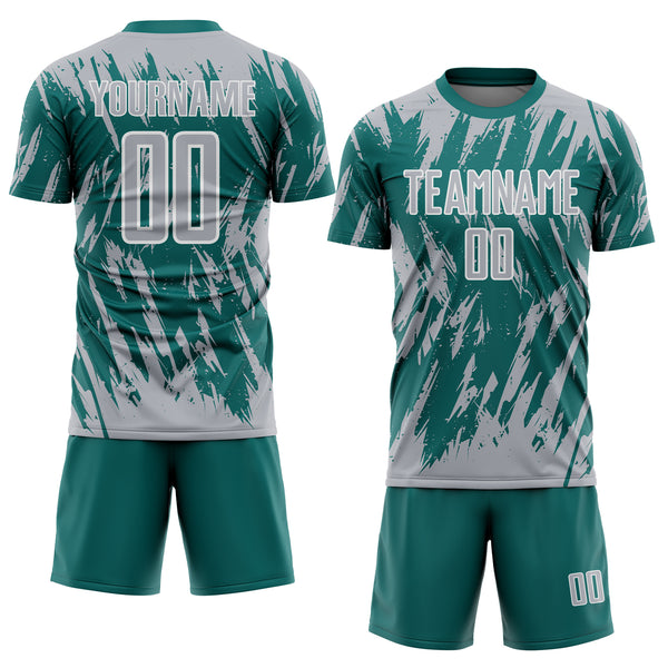 Custom Teal Gray-White Splatter Torn Sharp Brush Stroke Sublimation Soccer Uniform Jersey