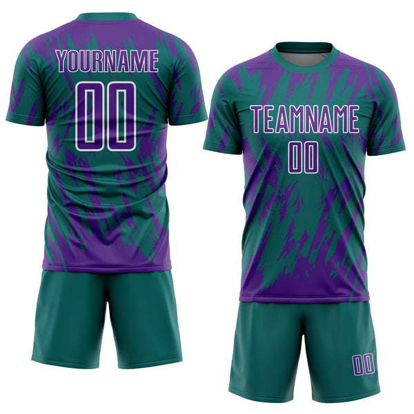Custom Teal Purple-White Splatter Torn Sharp Brush Stroke Sublimation Soccer Uniform Jersey