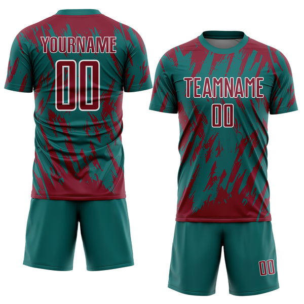 Custom Teal Crimson-White Splatter Torn Sharp Brush Stroke Sublimation Soccer Uniform Jersey