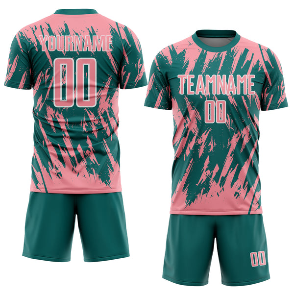 Custom Teal Medium Pink-White Splatter Torn Sharp Brush Stroke Sublimation Soccer Uniform Jersey