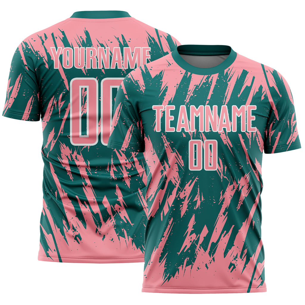 Custom Teal Medium Pink-White Splatter Torn Sharp Brush Stroke Sublimation Soccer Uniform Jersey