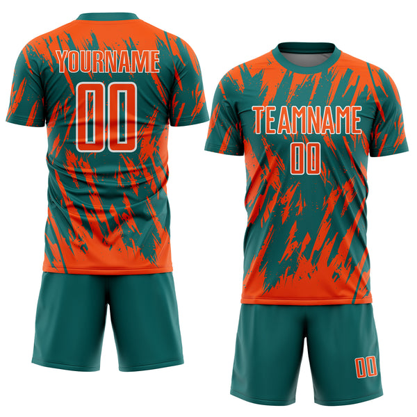 Custom Teal Orange-White Splatter Torn Sharp Brush Stroke Sublimation Soccer Uniform Jersey