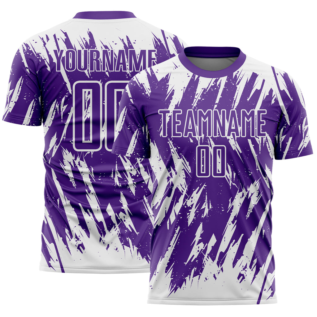 Custom Purple-White Splatter Torn Sharp Brush Stroke Sublimation Soccer Uniform Jersey