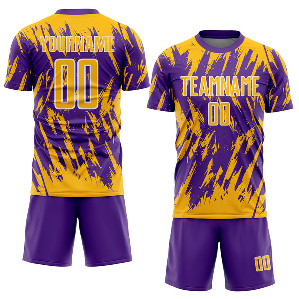 Custom Purple Gold-White Splatter Torn Sharp Brush Stroke Sublimation Soccer Uniform Jersey