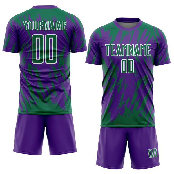 Custom Purple Kelly Green-White Splatter Torn Sharp Brush Stroke Sublimation Soccer Uniform Jersey