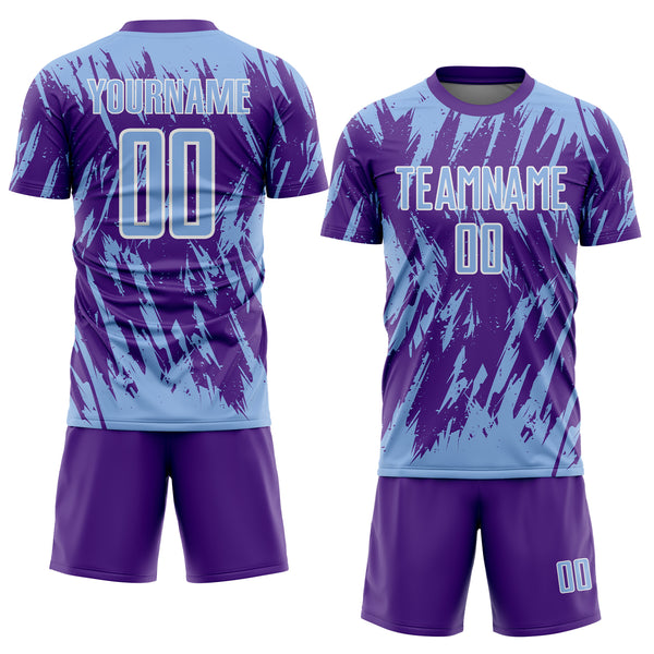 Custom Purple Light Blue-White Splatter Torn Sharp Brush Stroke Sublimation Soccer Uniform Jersey
