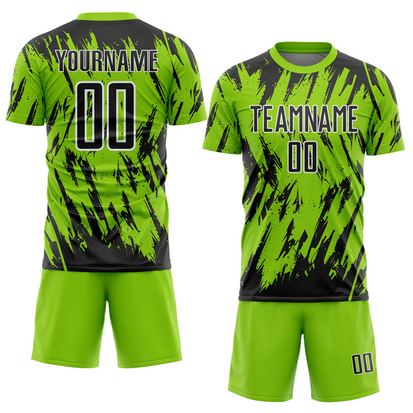 Custom Neon Green Black-White Splatter Torn Sharp Brush Stroke Sublimation Soccer Uniform Jersey