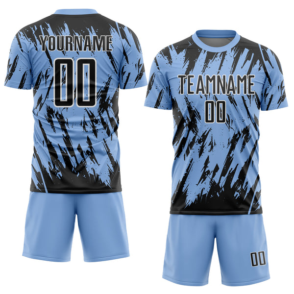 Custom Light Blue Black-White Splatter Torn Sharp Brush Stroke Sublimation Soccer Uniform Jersey