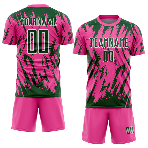 Custom Pink Green-White Splatter Torn Sharp Brush Stroke Sublimation Soccer Uniform Jersey