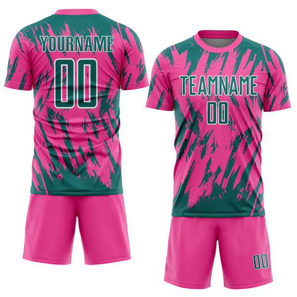 Custom Pink Teal-White Splatter Torn Sharp Brush Stroke Sublimation Soccer Uniform Jersey