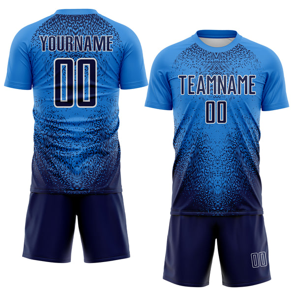 Custom Powder Blue Navy-White Brasil Gradient Ripples Sublimation Soccer Uniform Jersey