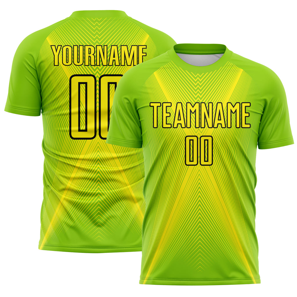 Custom Neon Green Light Yellow-Black Brasil Geometric Chevron Sublimation Soccer Uniform Jersey