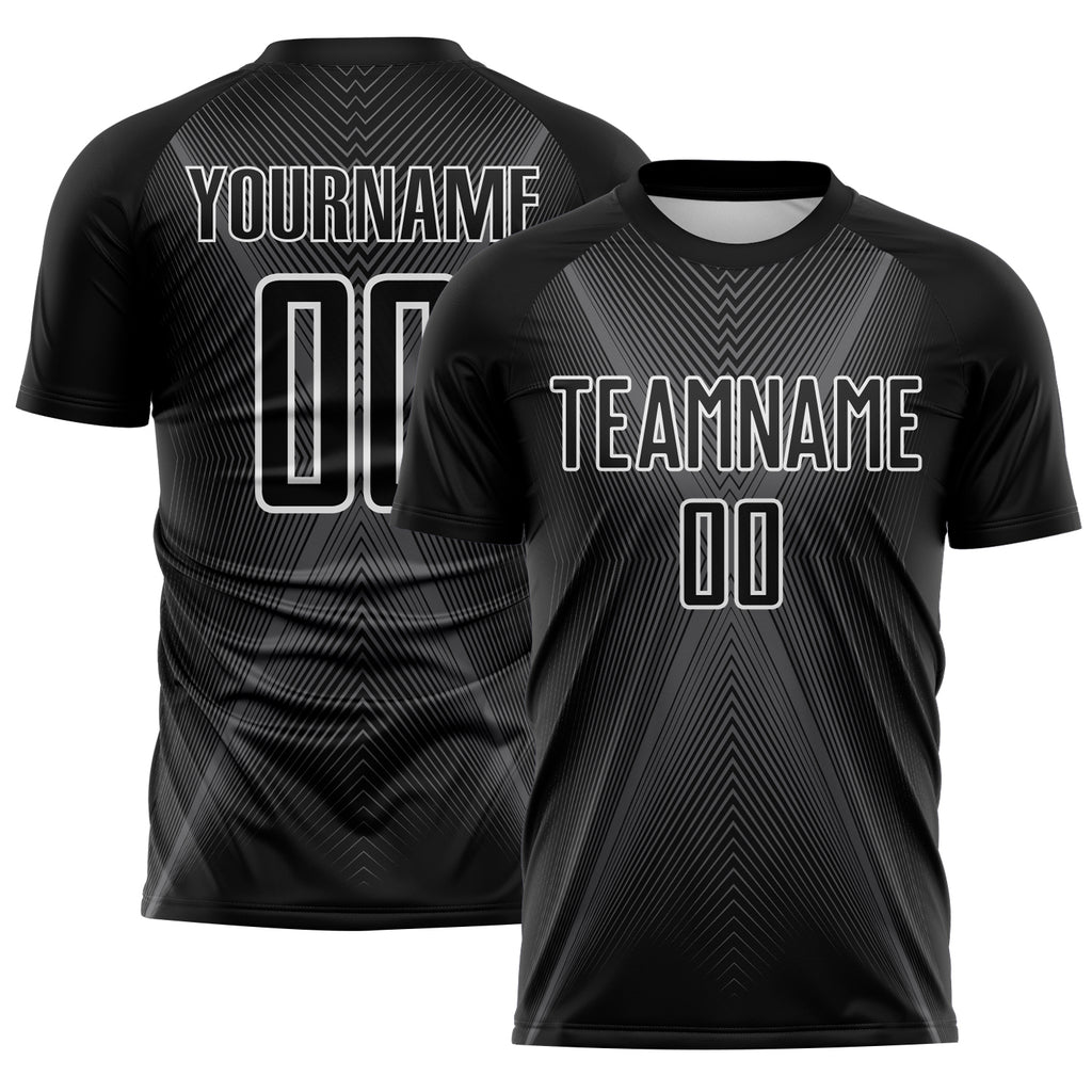 Custom Black Steel Gray-White Brasil Geometric Chevron Sublimation Soccer Uniform Jersey