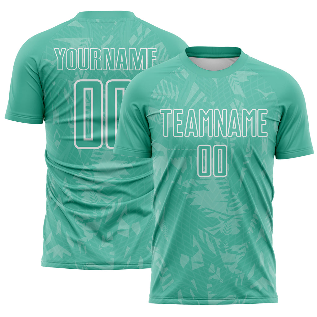 Custom Ice Blue White Brasil Geometric Tropical Rainforest Sublimation Soccer Uniform Jersey