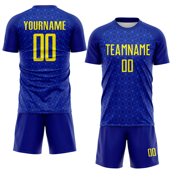 Custom Blue Light Yellow Brasil Digital Geometric Grid Sublimation Soccer Uniform Jersey