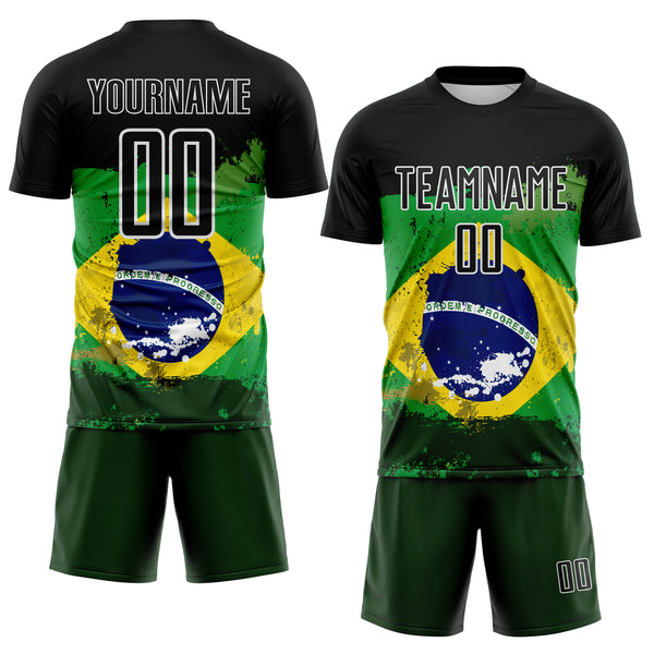 Custom Black Green Yellow-Blue Brazil Flag Sublimation Soccer Uniform Jersey