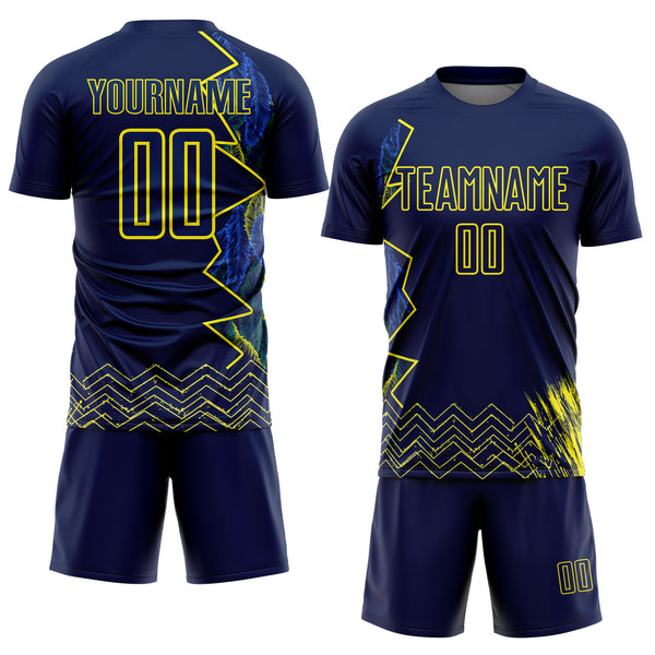 Custom Blue Light Yellow Brasil Zigzag Tropical Palm Leaves Sublimation Soccer Uniform Jersey