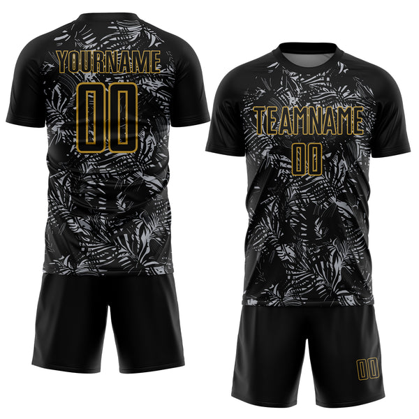 Custom Black Gray-Old Gold Brasil Tropical Palm Leaves Sublimation Soccer Uniform Jersey