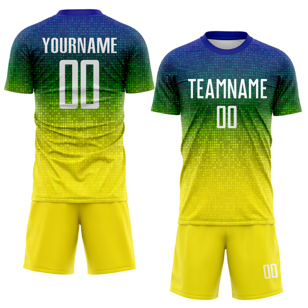 Custom Blue White Green-Light Yellow Brasil Gradient Dot Sublimation Soccer Uniform Jersey