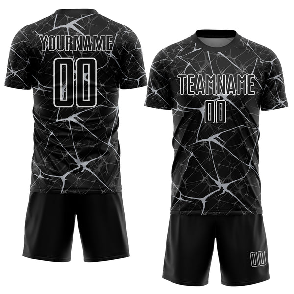 Custom Black Gray-White Abstract Network Crackle Sublimation Soccer Uniform Jersey
