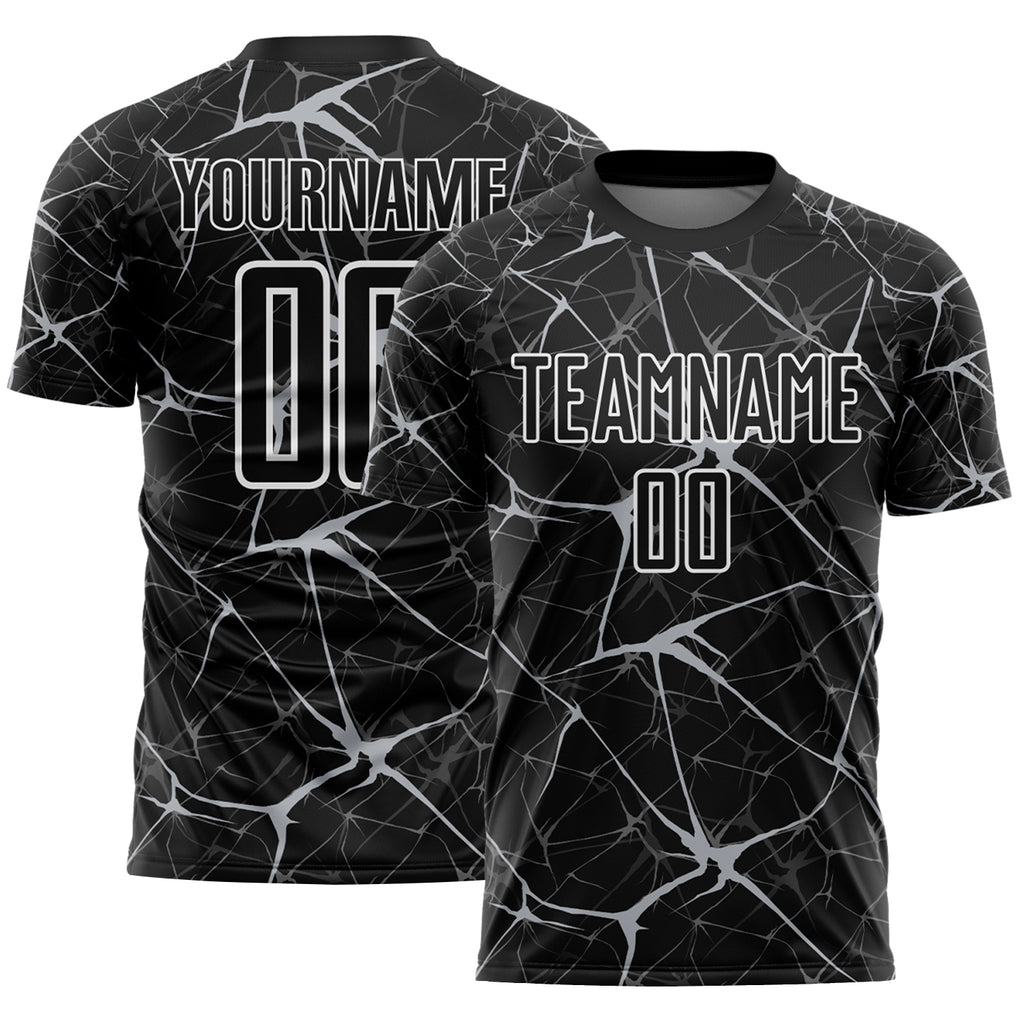 Custom Black Gray-White Abstract Network Crackle Sublimation Soccer Uniform Jersey
