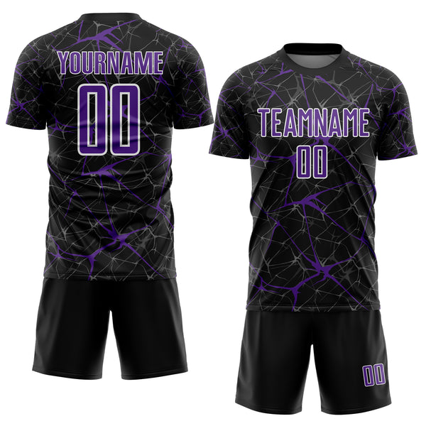 Custom Black Purple-White Abstract Network Crackle Sublimation Soccer Uniform Jersey