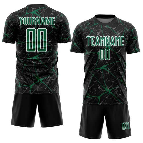 Custom Black Kelly Green-White Abstract Network Crackle Sublimation Soccer Uniform Jersey