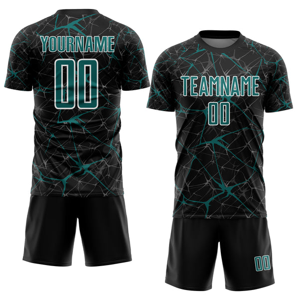Custom Black Teal-White Abstract Network Crackle Sublimation Soccer Uniform Jersey