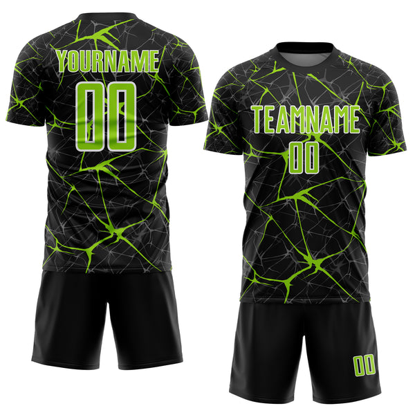 Custom Black Neon Green-White Abstract Network Crackle Sublimation Soccer Uniform Jersey