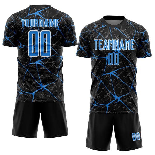 Custom Black Powder Blue-White Abstract Network Crackle Sublimation Soccer Uniform Jersey