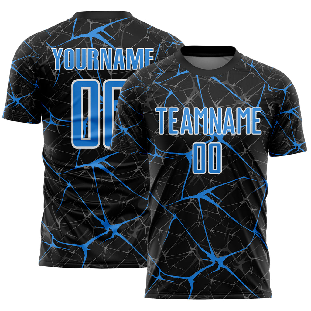 Custom Black Powder Blue-White Abstract Network Crackle Sublimation Soccer Uniform Jersey